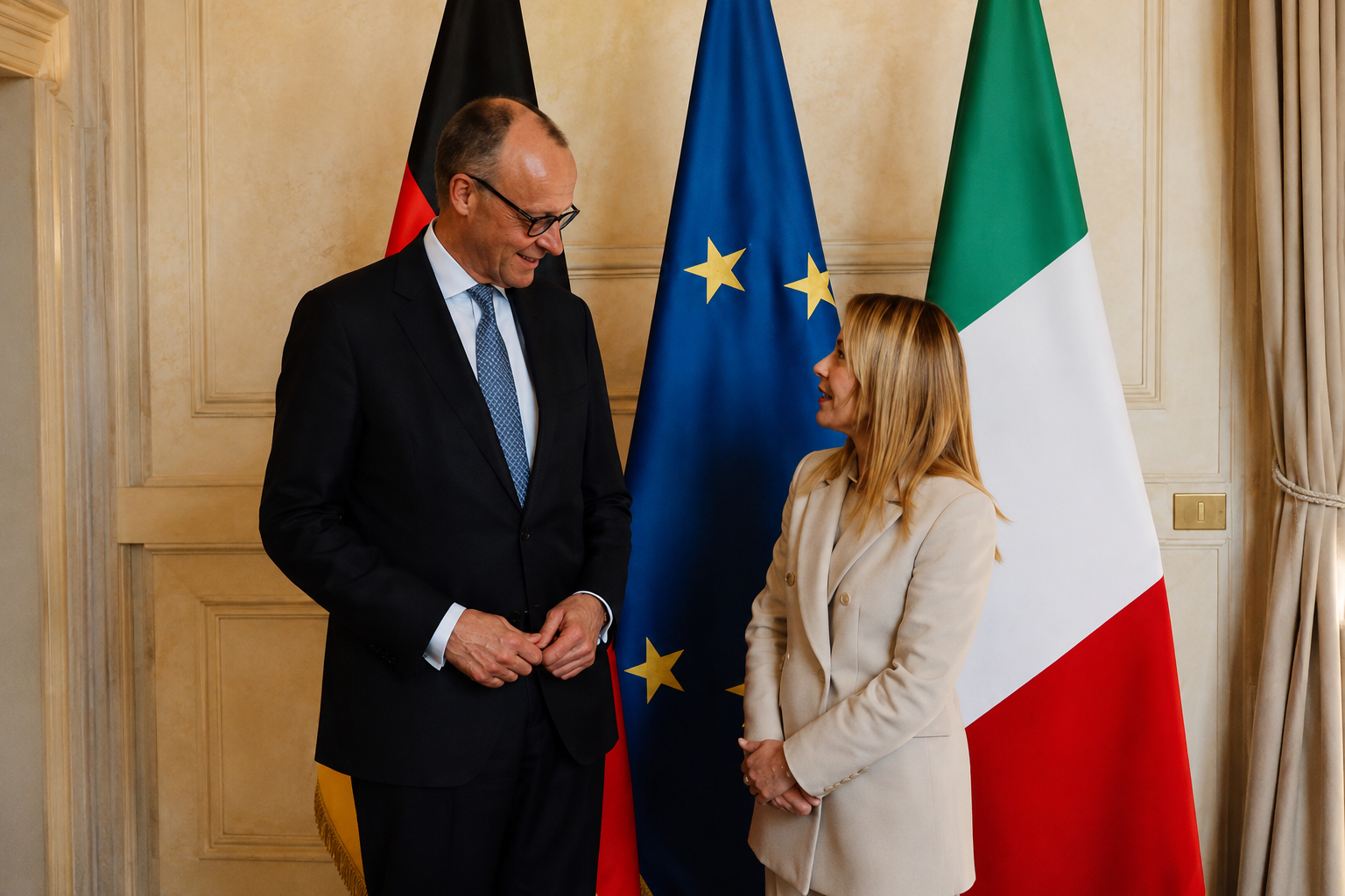 Giorgia Meloni e Friedrich Merz durante un incontro a Palazzo Chigi